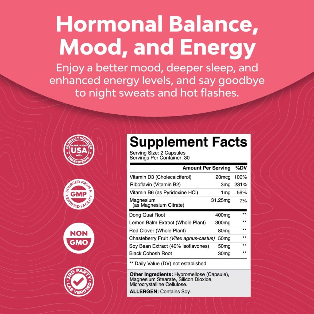 Complete Herbal Menopause Supplement for Women - Multibenefit Menopause Relief Hormone Balance for Women for Night Sweats Mood and More with Dong Quai Vitex Chaste Berry and Black Cohosh - 30 Servings