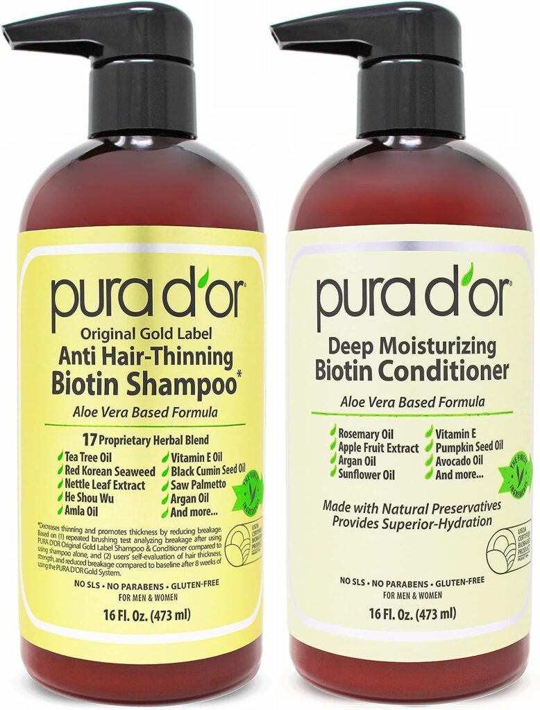 PURA DOR Anti-Thinning Biotin Shampoo and Conditioner Natural Earthy Scent,Clinically Tested Proven Results DHT Blocker Thickening Products For Women  Men,Original Gold Label Hair Care Set 16oz x2