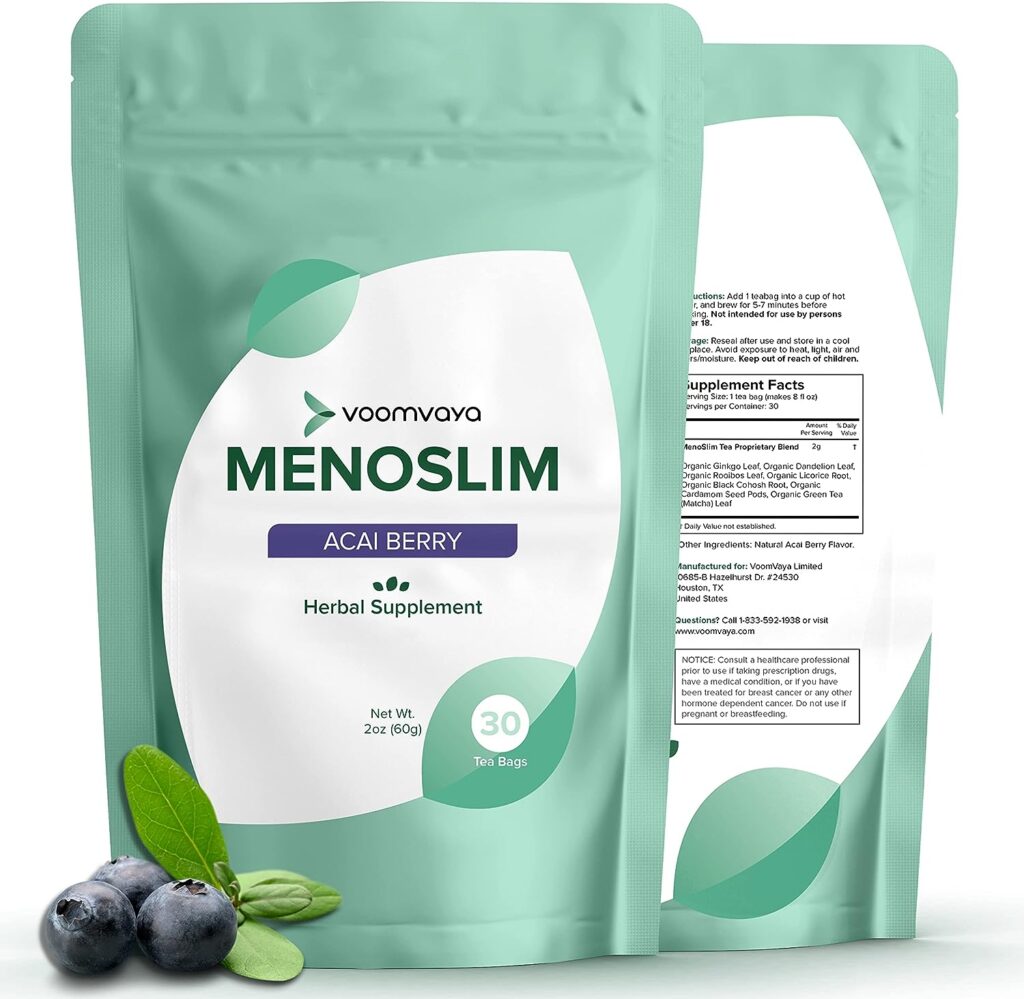 VoomVaya MenoSlim - Natural Menopause Supplements  Hormone Balance for Women - Relief for Bloating, Hot flashes, Night Sweats, Fatigue  Meno-Belly - Acai Berry Flavor - 30 Teabags