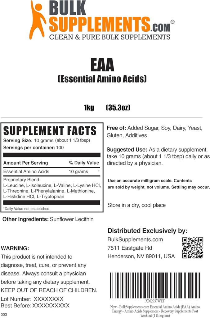 BULKSUPPLEMENTS.COM Essential Amino Acids Powder (EAA Powder) - Essential Amino Acids Supplement - 10g per Serving, 100 Servings (1 Kilogram - 2.2 lbs)