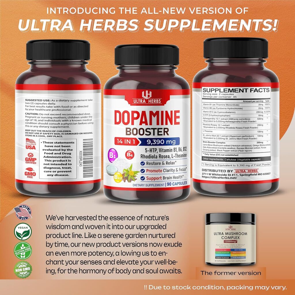 Dopamine Focus Supplement Ashwagandha 5000mg 5-HTP 50mg Rhodiola Rosea 2000mg St. Johns Wort 2000mg - Increase Memory Clarity Focus Restore Relax with VIT B1, B6, B12, L-Theanine