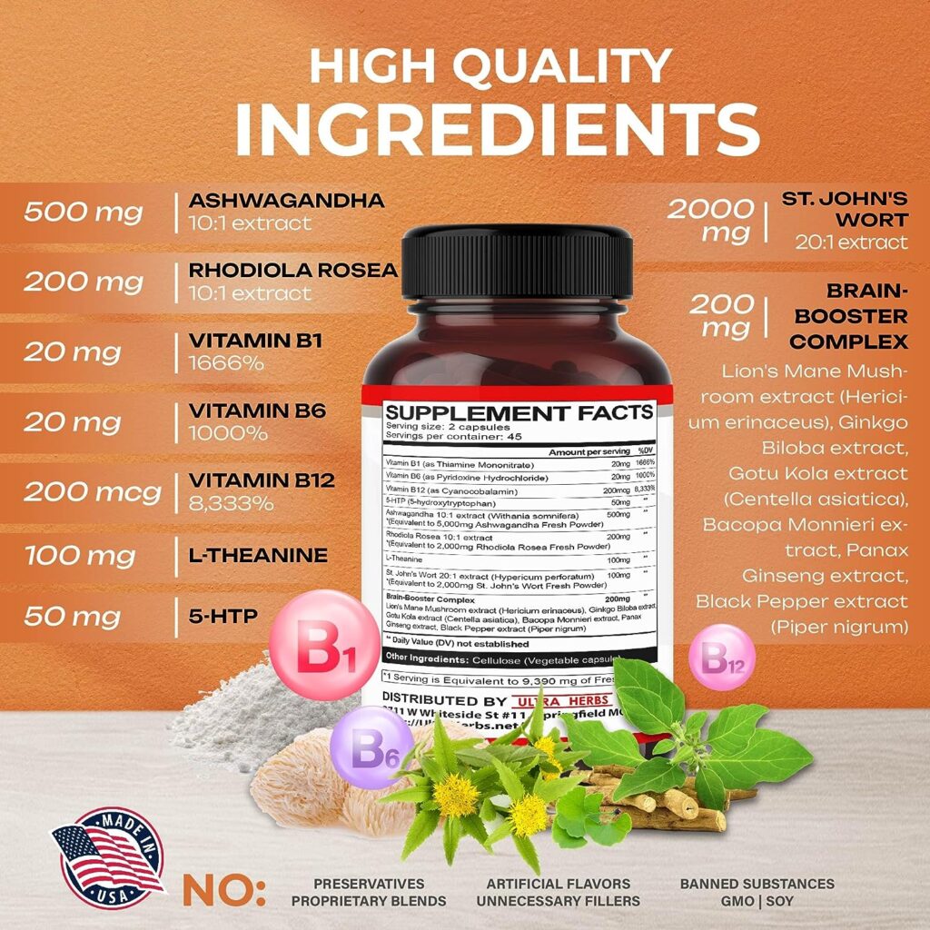 Dopamine Focus Supplement Ashwagandha 5000mg 5-HTP 50mg Rhodiola Rosea 2000mg St. Johns Wort 2000mg - Increase Memory Clarity Focus Restore Relax with VIT B1, B6, B12, L-Theanine