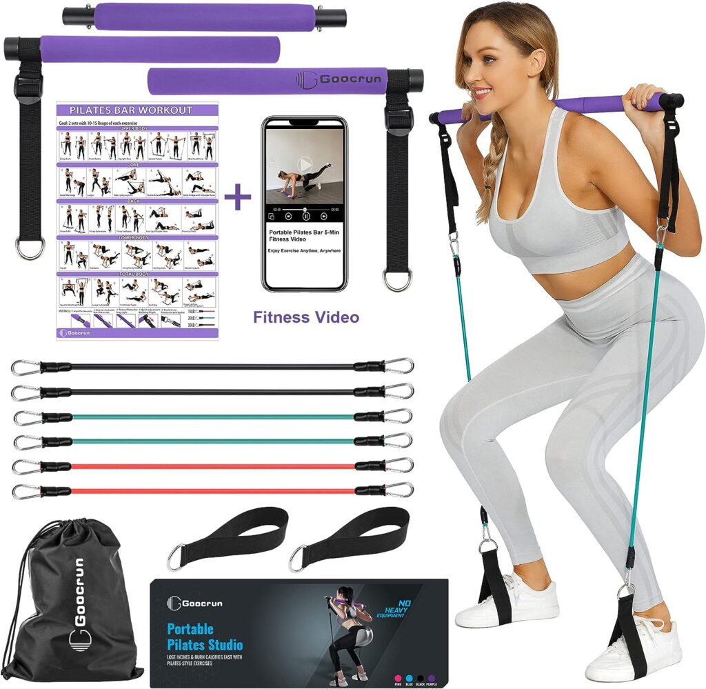 Goocrun Portable Pilates Bar Kit with Resistance Bands for Men and Women - 6 Exercise Resistance Bands(15, 20, 30 LB)- Home Gym Equipment - Supports Full-Body Workouts – with Fitness Poster and Video