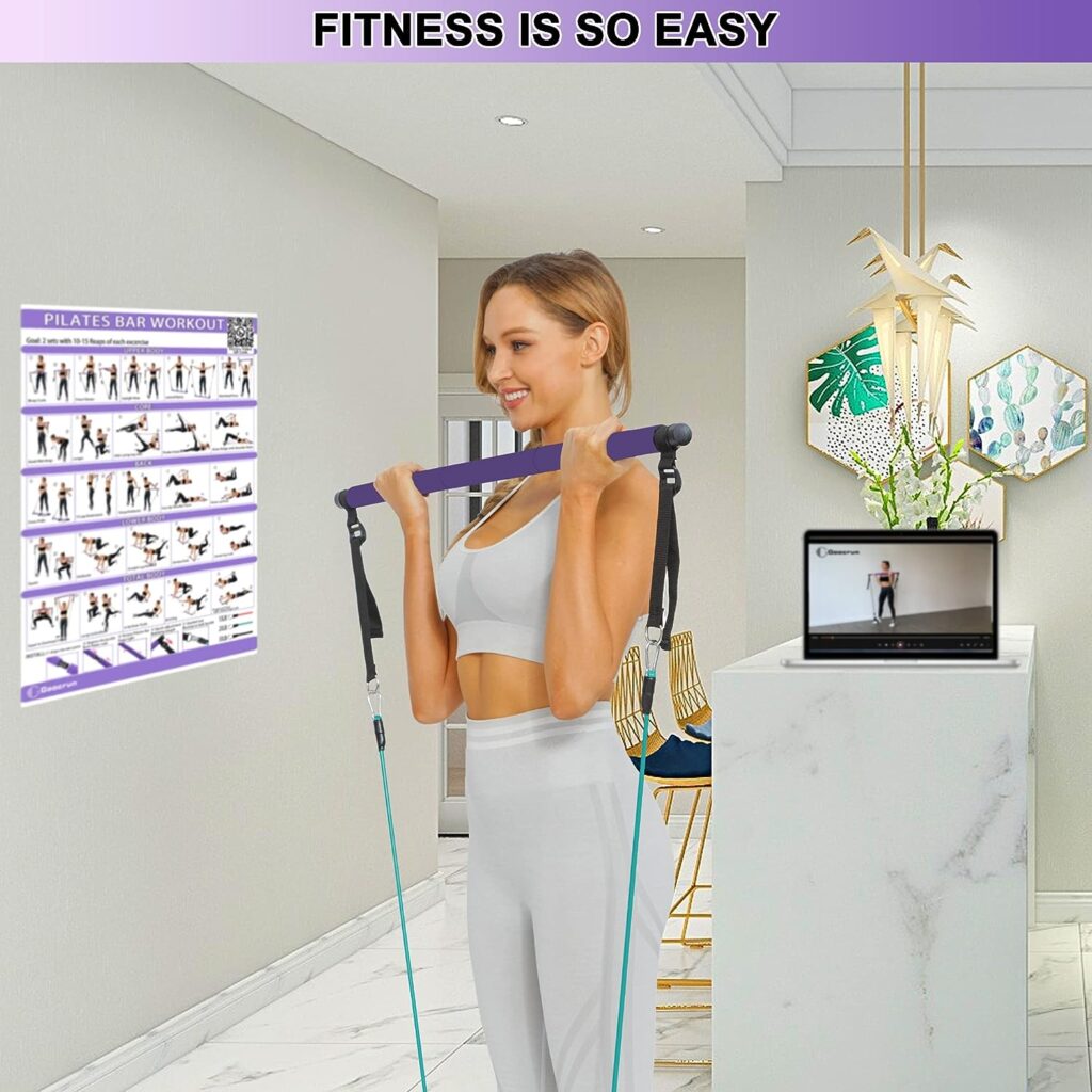 Goocrun Portable Pilates Bar Kit with Resistance Bands for Men and Women - 6 Exercise Resistance Bands(15, 20, 30 LB)- Home Gym Equipment - Supports Full-Body Workouts – with Fitness Poster and Video