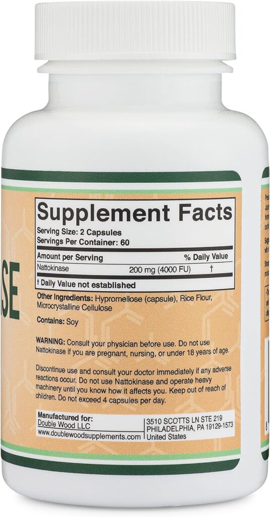 Nattokinase Supplement 4,000 FU Servings, 120 Capsules (Derived from Japanese Natto) Systemic Enzymes for Overall and Circulatory Support (Manufactured in The USA) by Double Wood