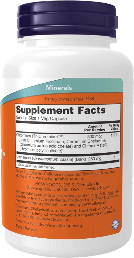 NOW Supplements, Tri-Chromium™ 500 mcg with Cinnamon, Insulin Co-Factor*, 180 Veg Capsules