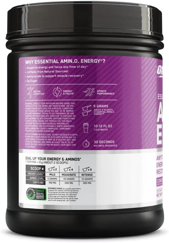 Optimum Nutrition Amino Energy - Pre Workout with Green Tea, BCAA, Amino Acids, Keto Friendly, Green Coffee Extract, Energy Powder - Concord Grape, 65 Servings (Packaging May Vary)