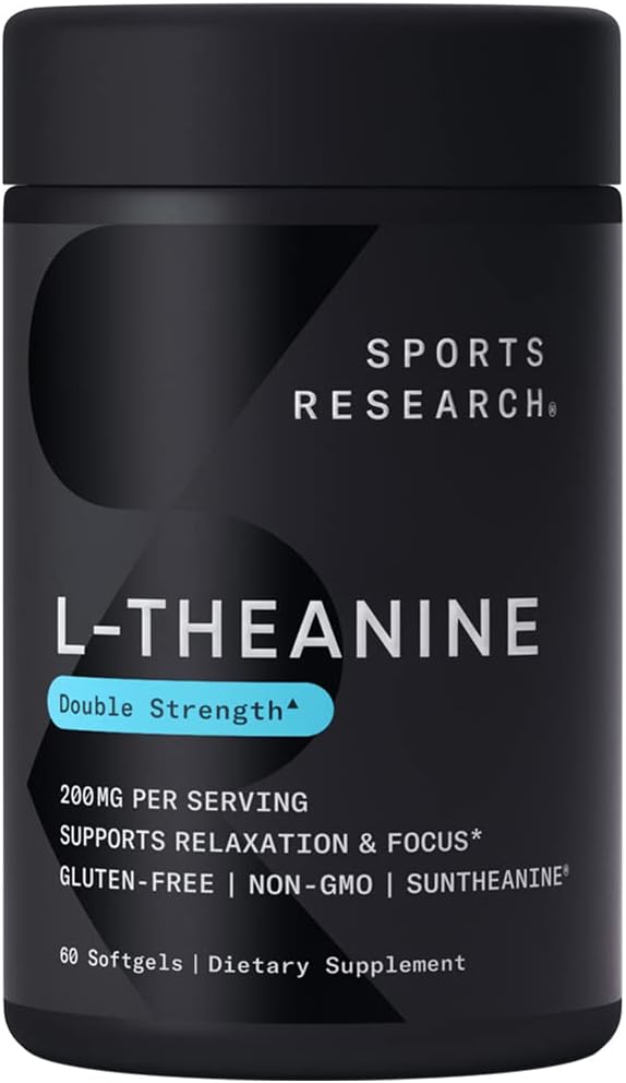 Sports Research Double Strength L-Theanine Supplement - Suntheanine Softgels for Focus, Relaxation  Alertness - Non-Drowsy Support Made with Coconut Oil, Non-GMO  Gluten Free - 200mg, 60 Count