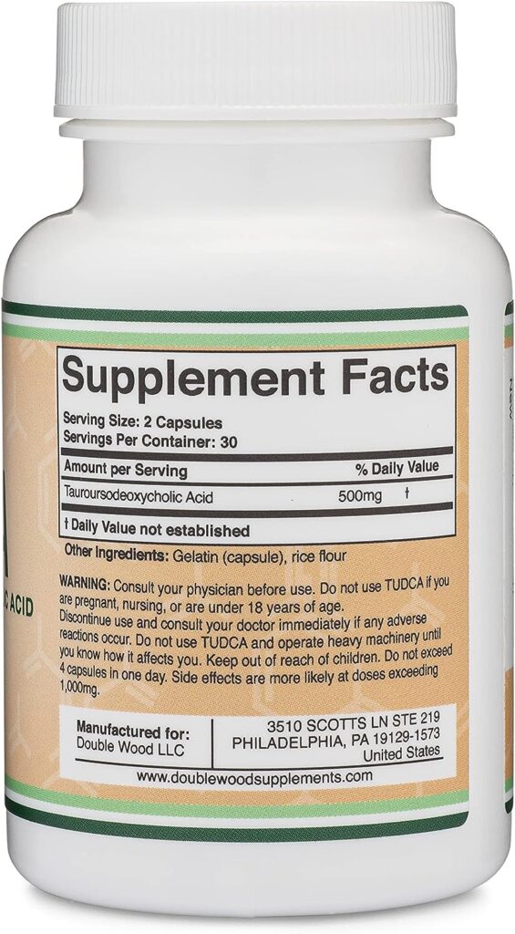 TUDCA Bile Salts Liver Support Supplement, 500mg Servings, Liver and Gallbladder Cleanse Supplement (60 Capsules, 250mg) Genuine Bile Acid TUDCA with Strong Bitter Taste by Double Wood