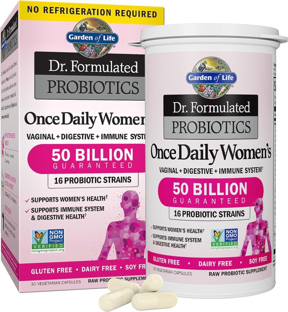 Dr. Formulated Probiotics for Women  Prebiotics, 50 Billion CFU for Women’s Daily Digestive Vaginal  Immune Health, Garden of Life 16 Probiotic Strains Shelf Stable No Gluten Dairy Soy, 30 Capsules