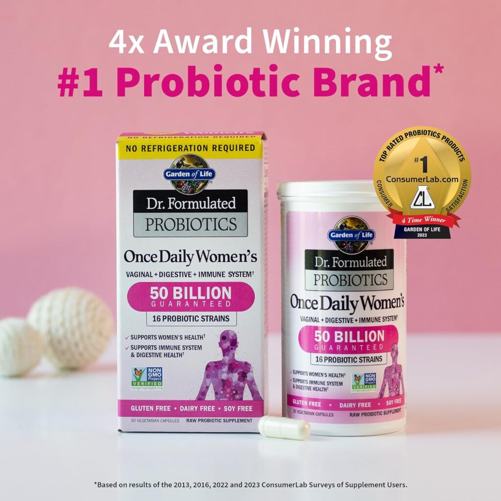 Dr. Formulated Probiotics for Women  Prebiotics, 50 Billion CFU for Women’s Daily Digestive Vaginal  Immune Health, Garden of Life 16 Probiotic Strains Shelf Stable No Gluten Dairy Soy, 30 Capsules