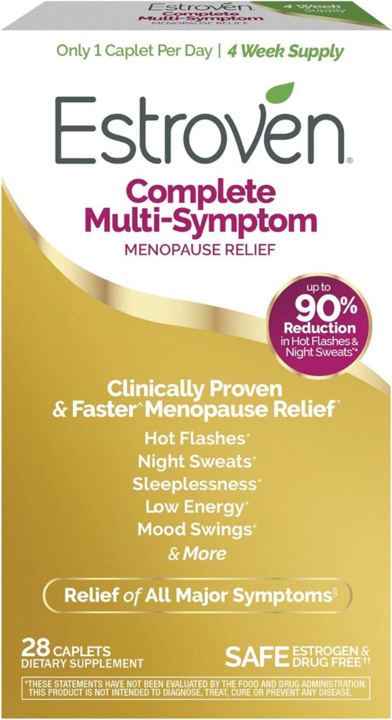 Estroven Complete Multi-Symptom Menopause Supplement for Women, 28 Ct., Clinically Proven Ingredient Provide Menopause Relief  Night Sweats  Hot Flash Relief, Drug-Free  Non-GMO