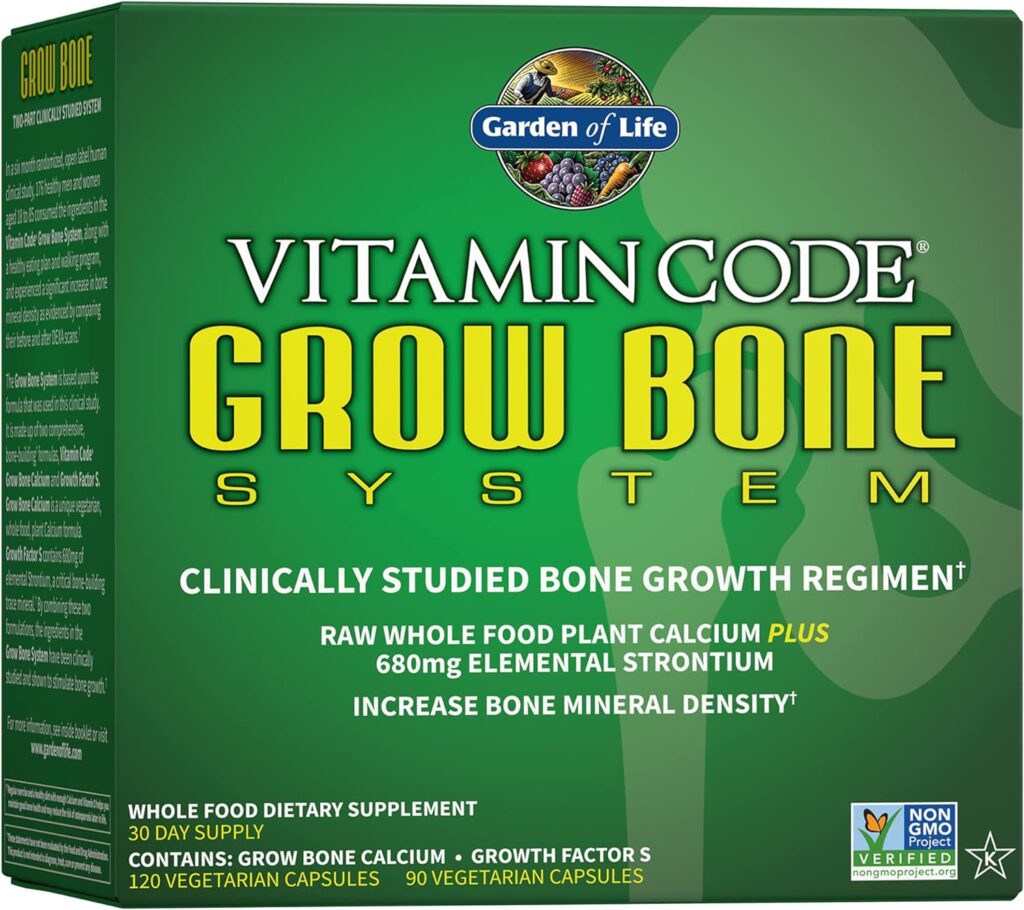 Garden of Life Calcium Supplement - Vitamin Code Grow Bone Made with Whole Foods, Strontium, Magnesium, K2 MK7, Vitamin D3  C Plus Probiotics for Gut Health, 30 Day Supply