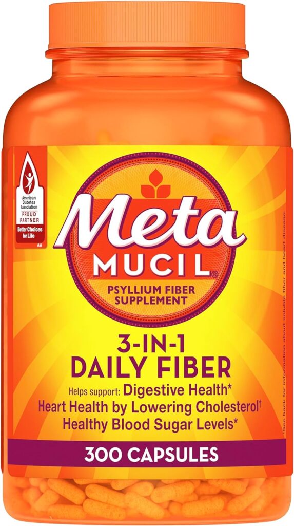 Metamucil, Daily Psyllium Husk Powder Supplement, 3-in-1 Fiber for Digestive Health, Plant Based Fiber, 300ct Capsules