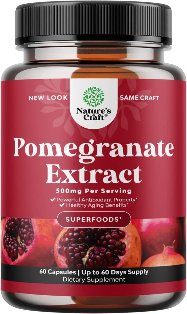 Pomegranate Extract Capsules Antioxidant Supplement - Natural Pomegranate Capsules for Heart Health Joint Support and Pre Workout for Men and Women - Nitric Oxide Supplement with Brain Health Vitamins