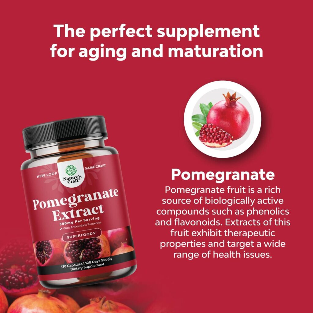 Pomegranate Extract Capsules Antioxidant Supplement - Natural Pomegranate Capsules for Heart Health Joint Support and Pre Workout for Men and Women - Nitric Oxide Supplement with Brain Health Vitamins