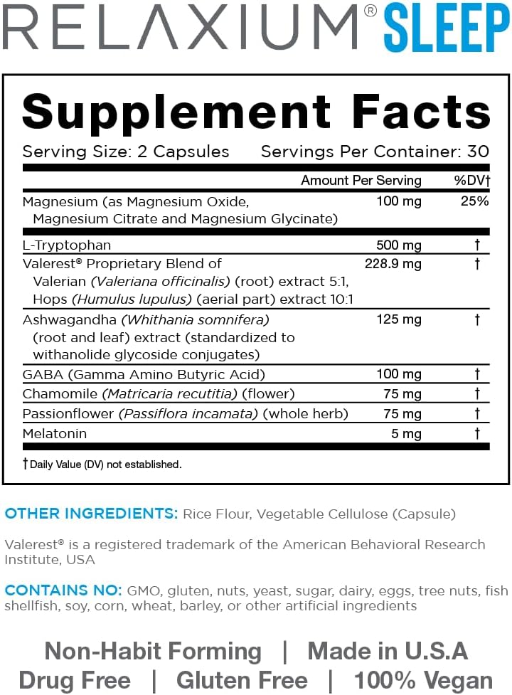 Relaxium Sleep Aid, 30-Day Supply, Non-Habit Forming, Sleep Supplement for Longer Sleep  Stress Relief, Drug-Free, with Magnesium, Melatonin, GABA, Chamomile,  Valerian (60 Vegan Capsules)