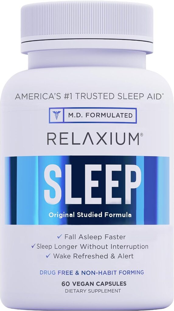 Relaxium Sleep Aid, 30-Day Supply, Non-Habit Forming, Sleep Supplement for Longer Sleep  Stress Relief, Drug-Free, with Magnesium, Melatonin, GABA, Chamomile,  Valerian (60 Vegan Capsules)