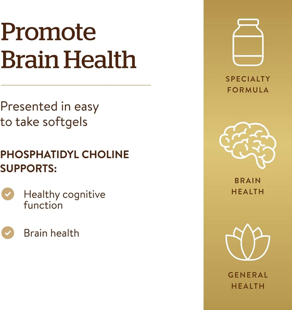 Solgar Phosphatidylcholine, 100 Softgels - Promote Healthy Cognitive Function - Derived From Lecithin - Contains Choline for Neurotransmitter Acetylcholine - Gluten Free, Dairy Free - 50 Servings