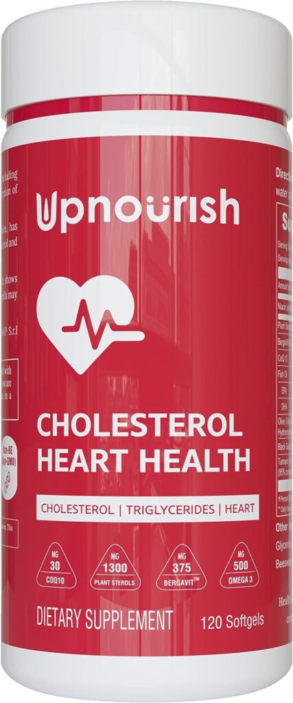 UpNourish Cholesterol Heart Health Supplement - Supports Healthy Cholesterol Levels, Heart Function - Citrus Bergamot, Plant Sterols, CoQ10, Omega 3, Turmeric, Black Garlic, and Olive Leaf Extract