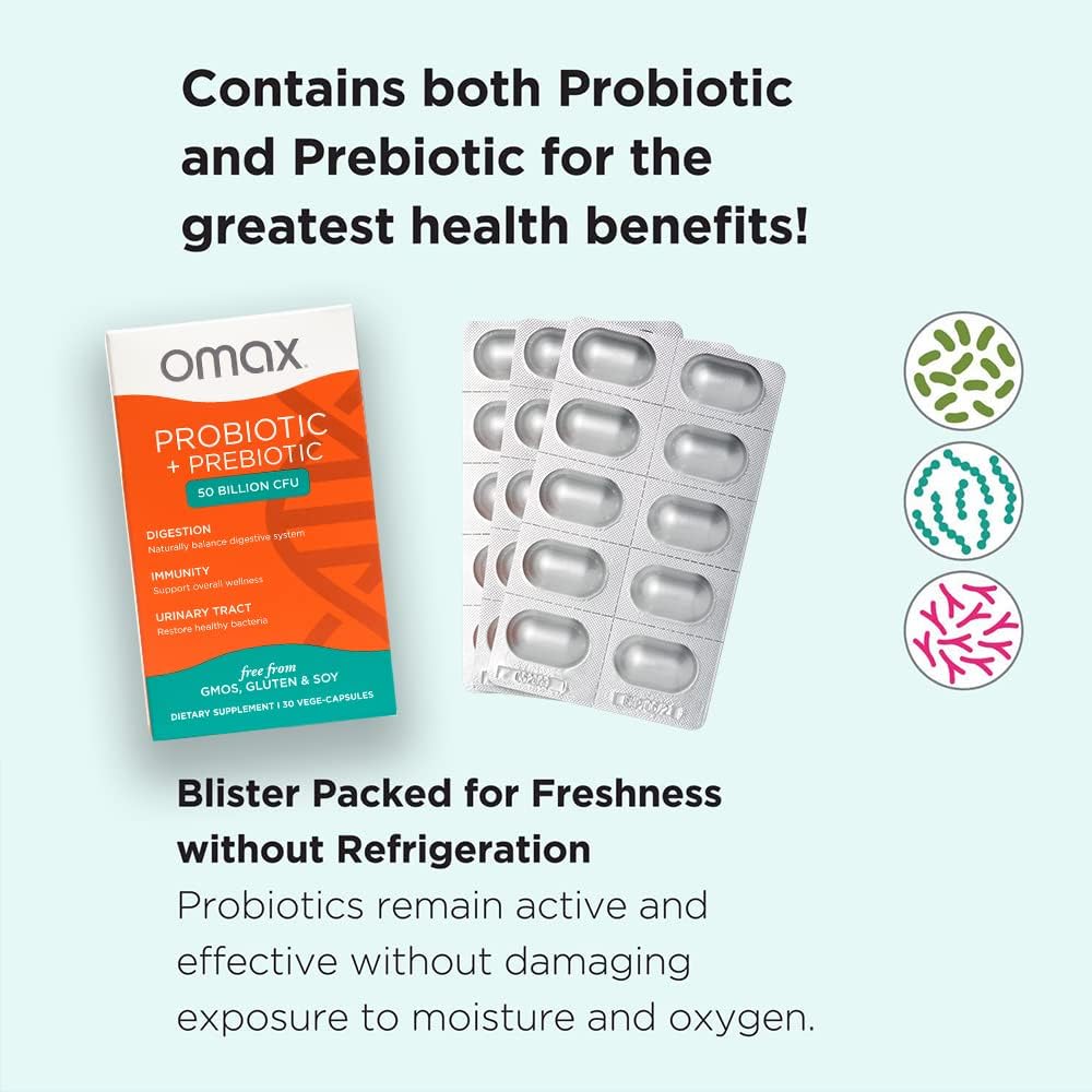 Omax Prebiotic  Probiotic 50 Billion CFU + Chicory Inulin, 10 Strains, Reduce Bloating, Digestion, SIBO, Leaky Gut, Vaginal pH, Acidophilus, Vegan, Dairy Free, Gluten Free, Blister Packaged