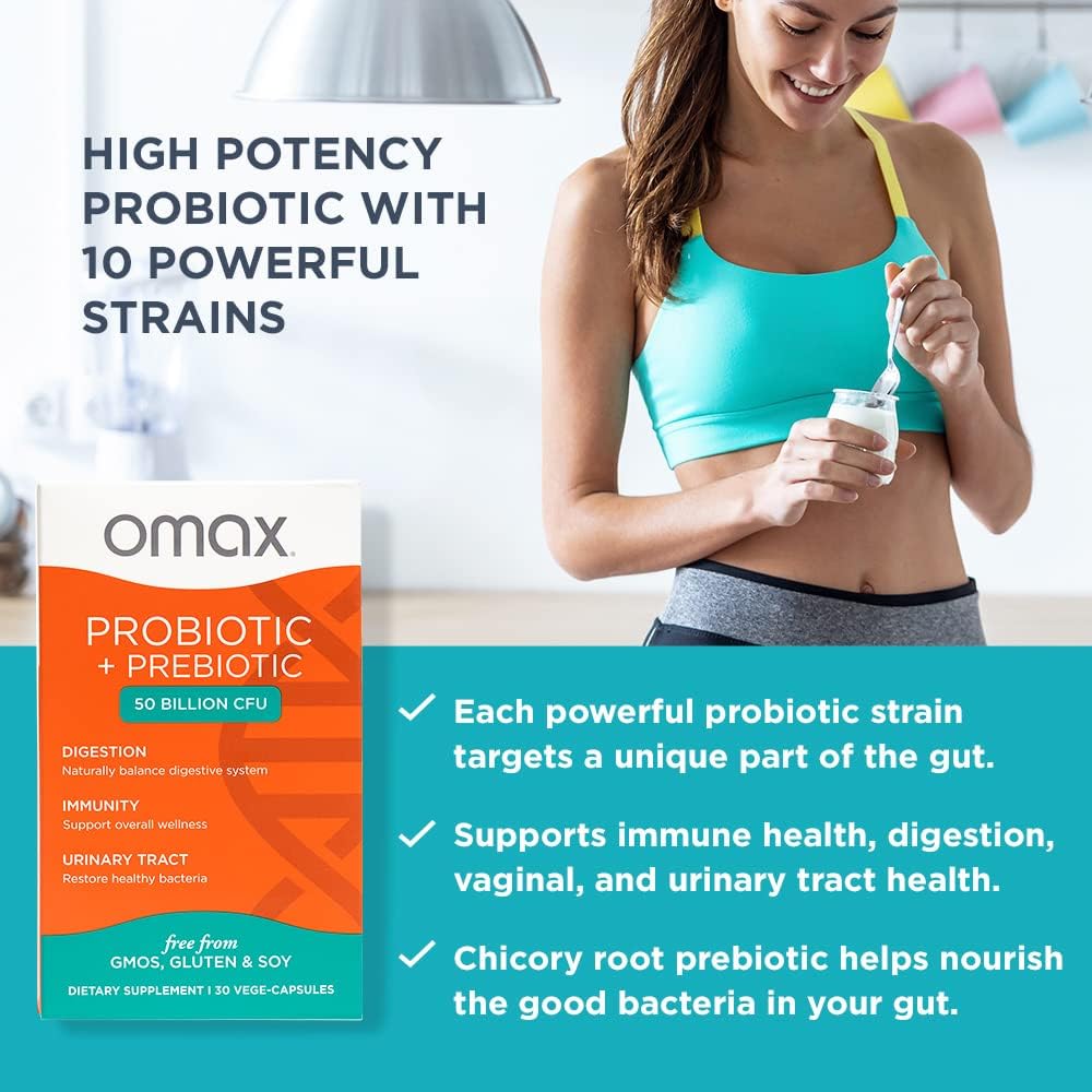 Omax Prebiotic  Probiotic 50 Billion CFU + Chicory Inulin, 10 Strains, Reduce Bloating, Digestion, SIBO, Leaky Gut, Vaginal pH, Acidophilus, Vegan, Dairy Free, Gluten Free, Blister Packaged