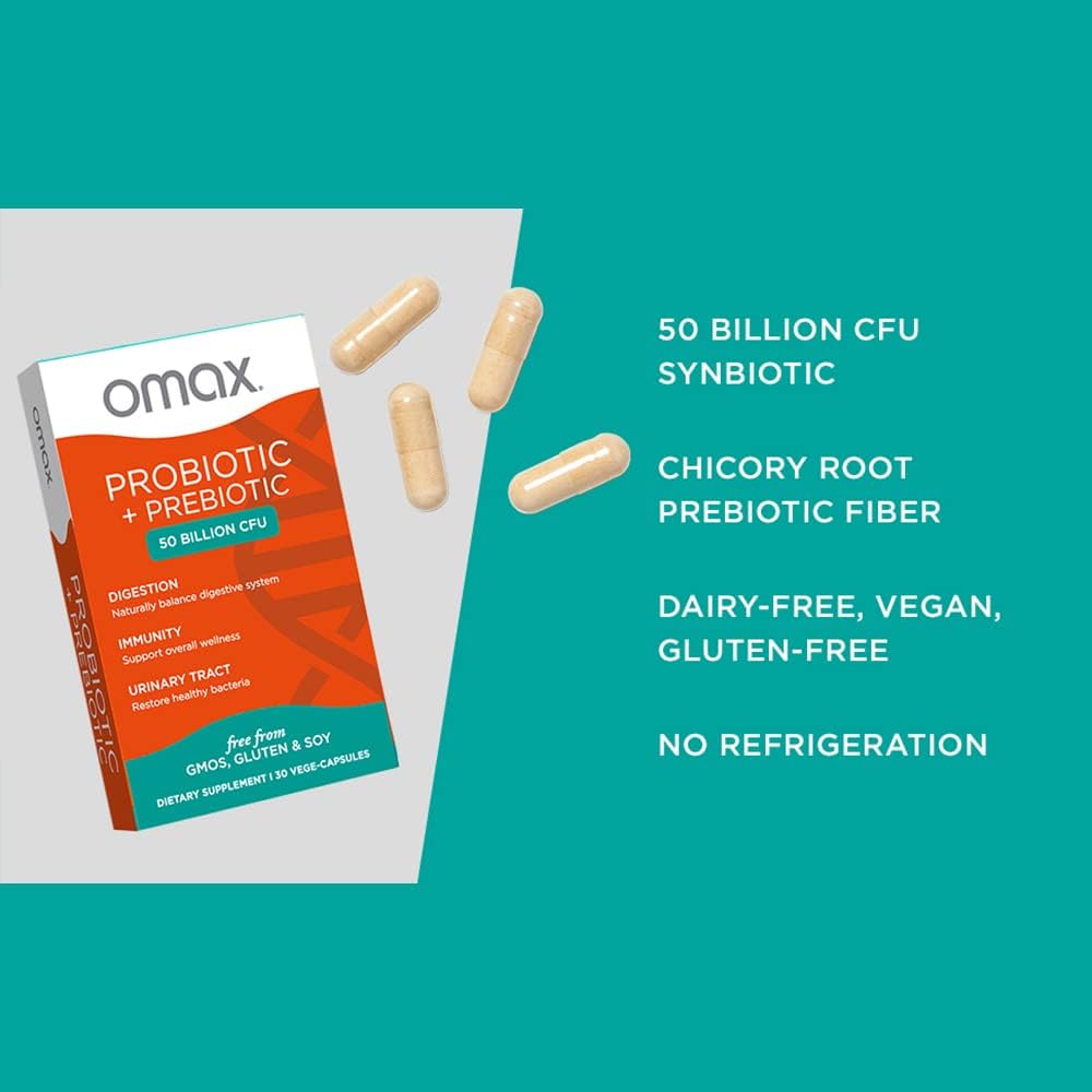 Omax Prebiotic  Probiotic 50 Billion CFU + Chicory Inulin, 10 Strains, Reduce Bloating, Digestion, SIBO, Leaky Gut, Vaginal pH, Acidophilus, Vegan, Dairy Free, Gluten Free, Blister Packaged