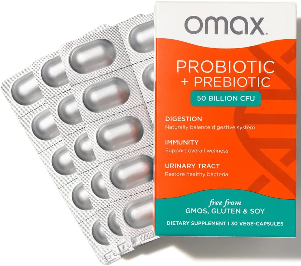 Omax Prebiotic  Probiotic 50 Billion CFU + Chicory Inulin, 10 Strains, Reduce Bloating, Digestion, SIBO, Leaky Gut, Vaginal pH, Acidophilus, Vegan, Dairy Free, Gluten Free, Blister Packaged